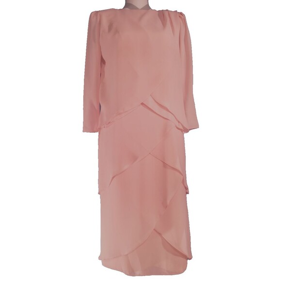 Tiered Boat Neck Chiffon Sleeve Mother of the Bride Dress Elegant Modest S 5 6 - Picture 2 of 10